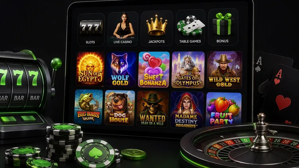 Grid of pokies, live tables, jackpot icons